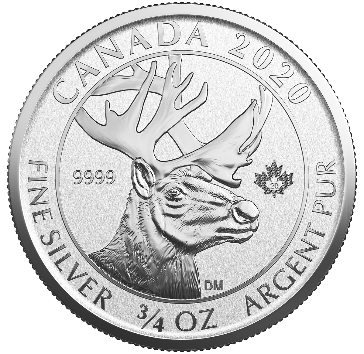 Pièce de 2 $ de 3/4 oz en argent pur à 99,99 % 2020 - Images d'animaux (4ᵉ pièce) : Caribou des bois (pièce d'investissement)