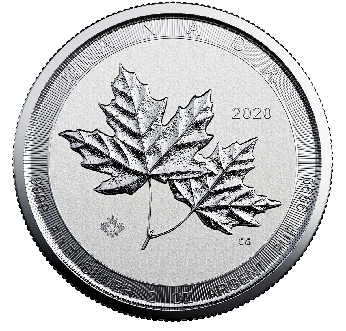 Pièce de 10 $ de 2 oz en argent pur à 99,99 % - Deux feuilles d'érable (pièce d'investissement)