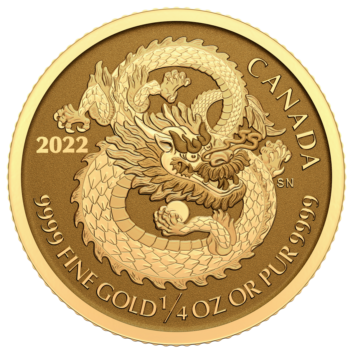 2022 $10 1/4 Oz. 99.99% Pure Gold Coin Dragon (Bullion)